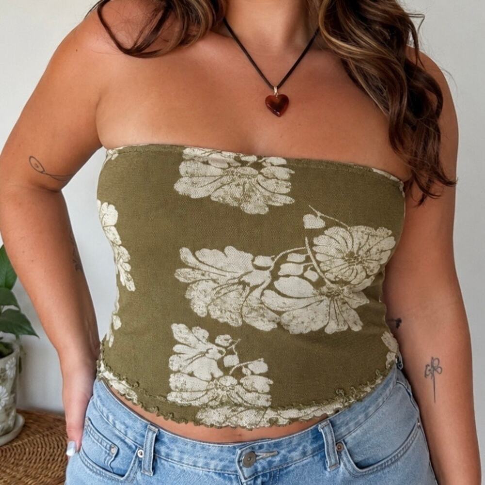 Free People Floral Tube Top Olive Green Smocked Y2K Boho Bandeau